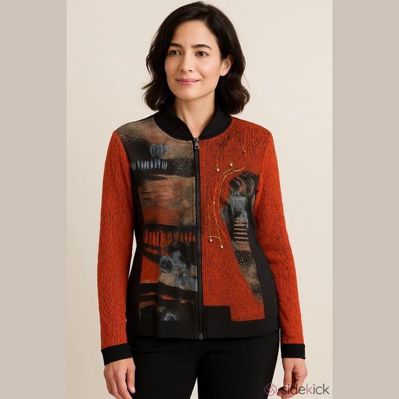 Fresh FX Orange and Black Artistic Graphic Sweater Jacket - Picture 1 of 12